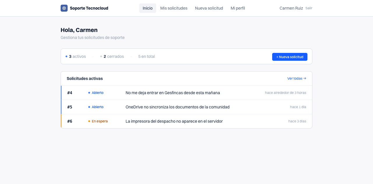 Pantalla de inicio del portal con las solicitudes activas del despacho.