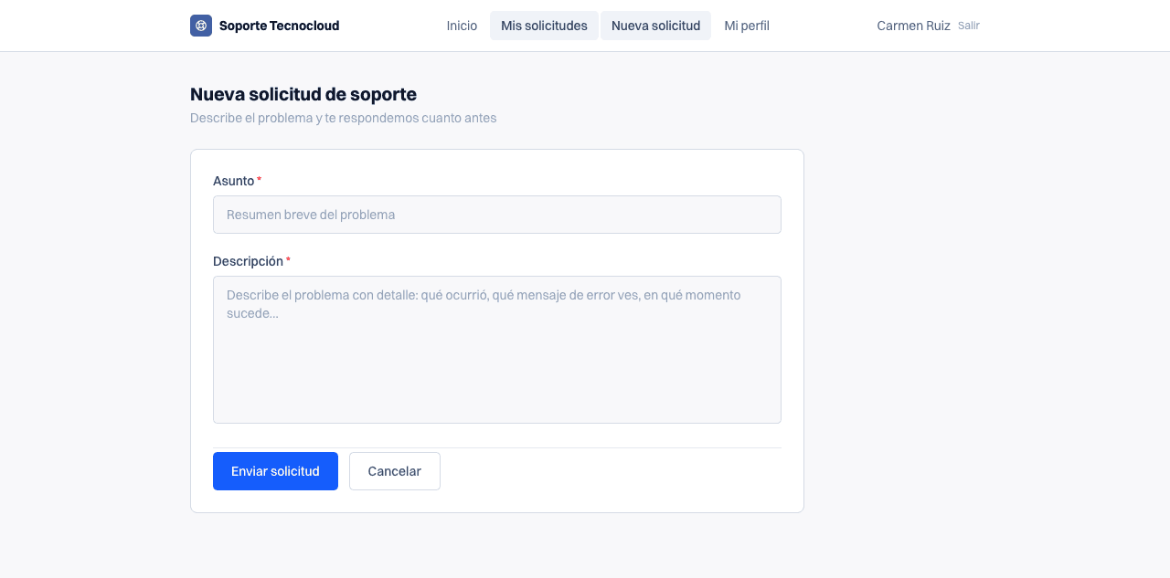 Formulario para abrir una incidencia nueva, con asunto, descripción y adjuntos.
