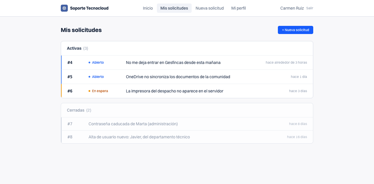 Listado completo de solicitudes del despacho con su estado.